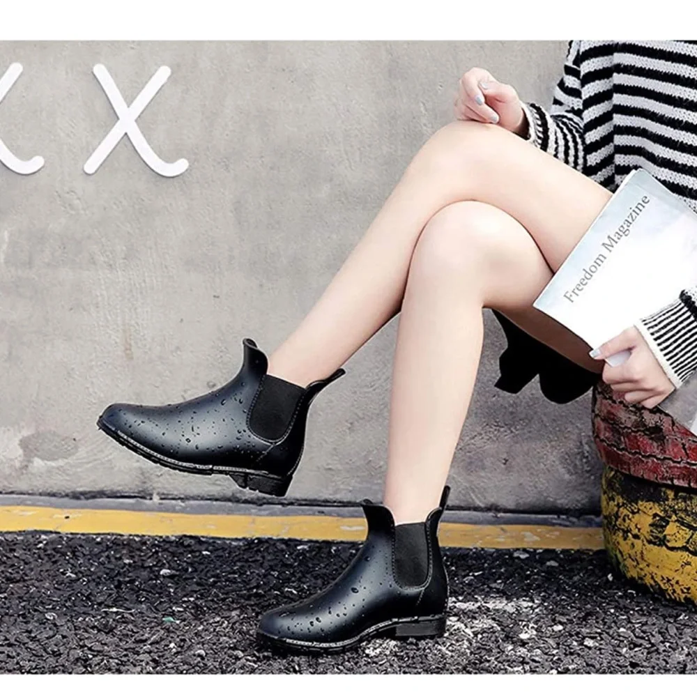 Women's Short Ankle Rain Boots Anti Slip Waterproof Slip On Chelsea Booties - Picture 5 of 6